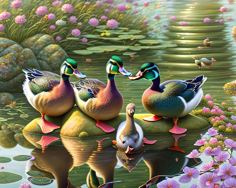 Vibrant Duck Pond Scene with Lotus Flowers and Lily Pads