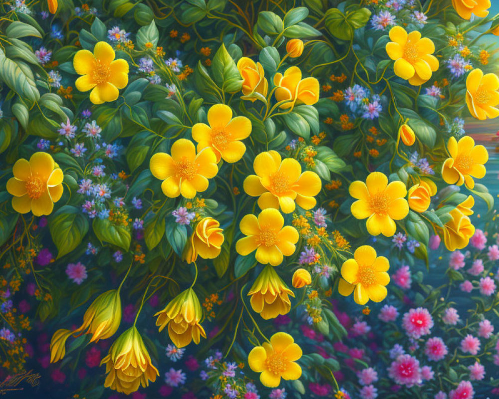 Colorful painting of lush green foliage and bright yellow flowers with soft pink blooms in the background