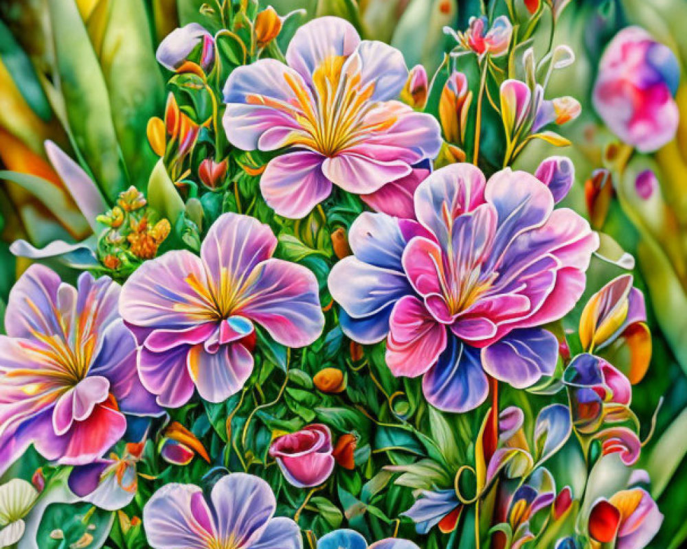 Colorful Floral Scene with Purple, Blue, and Orange Blossoms