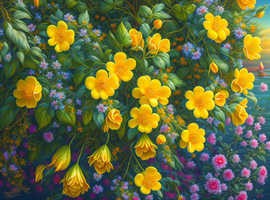 Colorful painting of lush green foliage and bright yellow flowers with soft pink blooms in the background