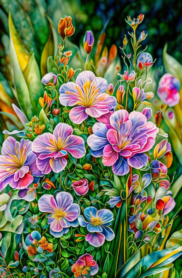 Colorful Floral Scene with Purple, Blue, and Orange Blossoms