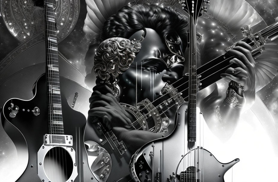 Monochromatic artistic portrayal of person with guitar in celestial setting