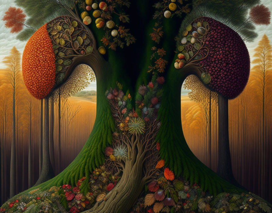 Detailed painting of interconnected trees with diverse foliage symbolizing seasons against golden forest