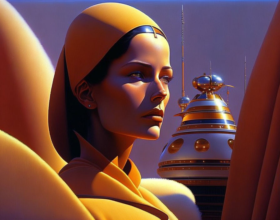 Futuristic sci-fi cityscape with woman in orange outfit