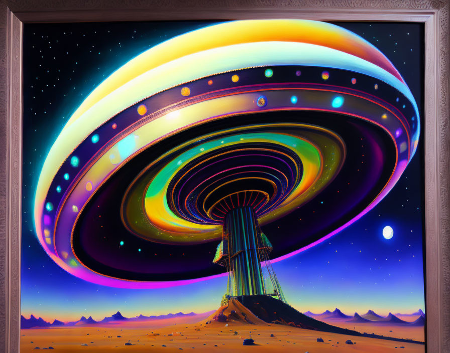 Colorful UFO painting above desert landscape with starry sky