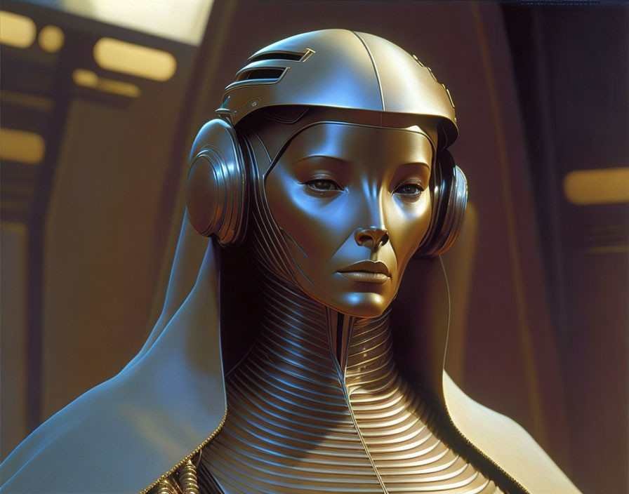 Female robot in metallic design with helmet and headphones on amber-lit backdrop