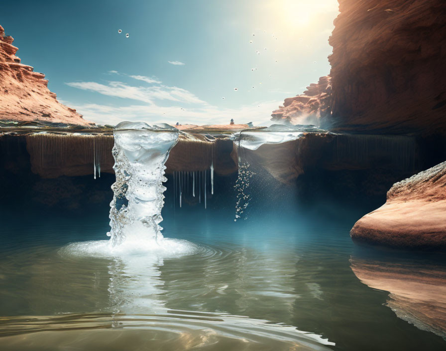 Sunlit Canyon with Mid-Air Water Splash in Tranquil Landscape
