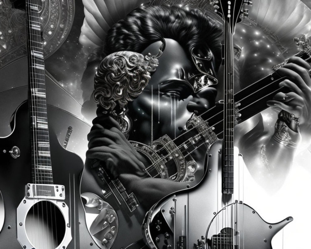 Monochromatic artistic portrayal of person with guitar in celestial setting