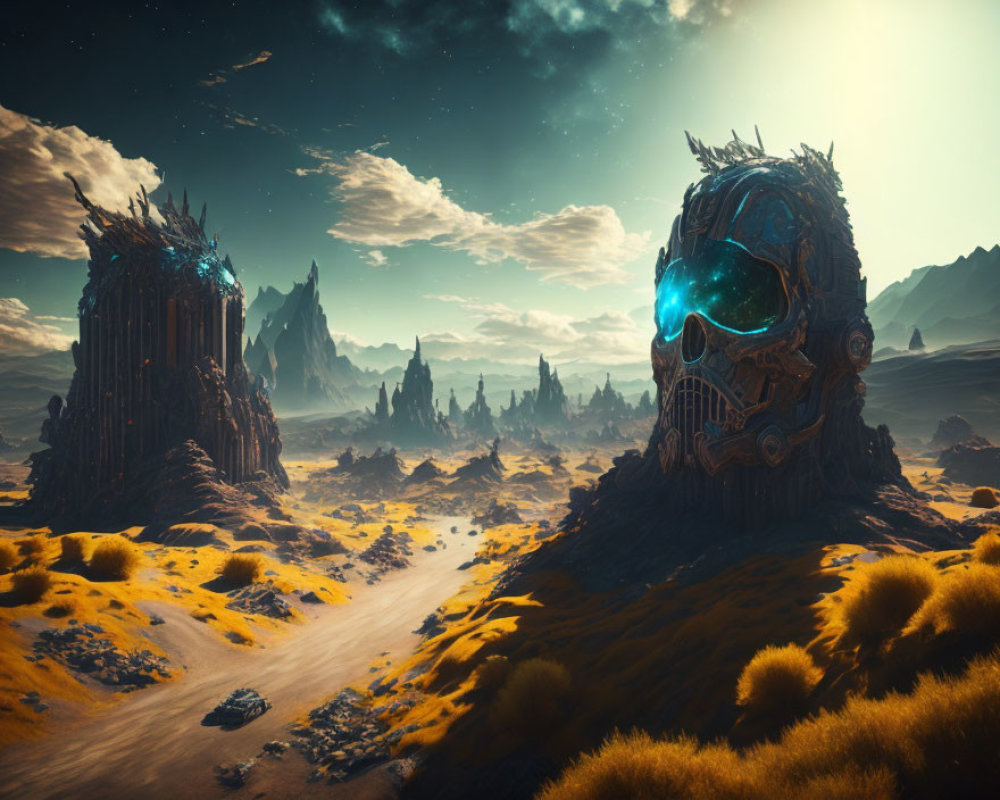 Surreal landscape with glowing blue eyes and alien spires