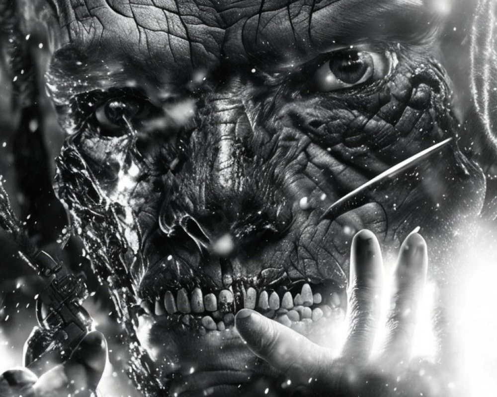 Monochrome close-up of humanoid face with reptilian features and hand reaching out amid swirling particles