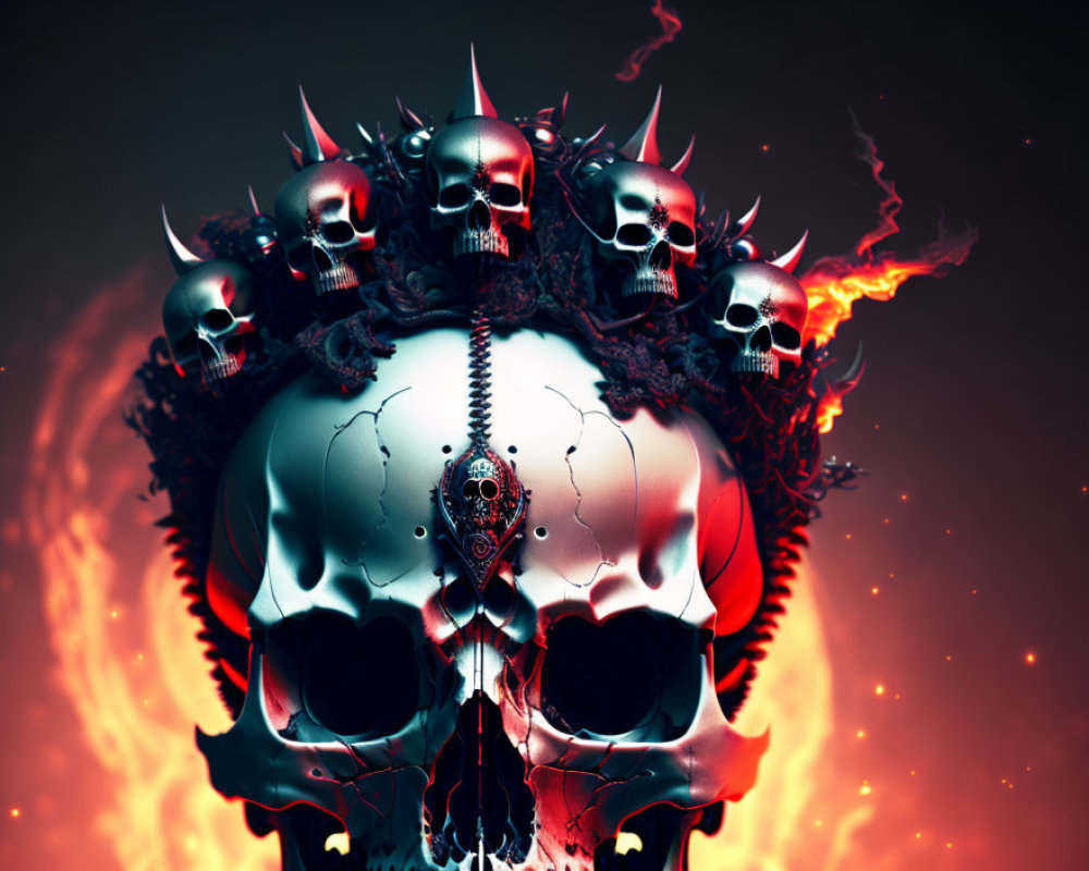 Symmetrical digital art with central skull and fiery motif