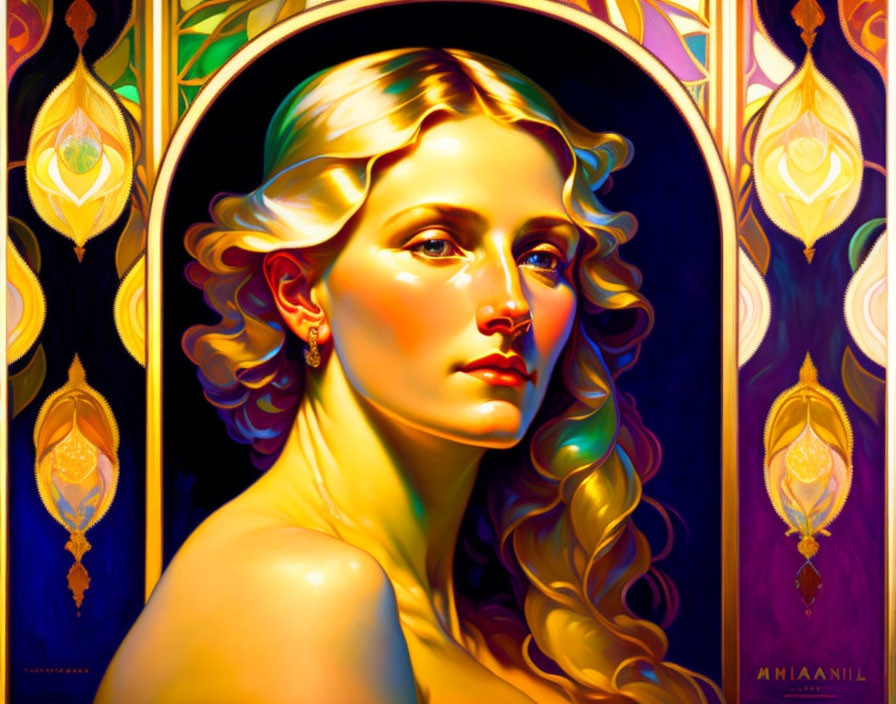 Vibrant Art Nouveau Woman Portrait with Golden Hair