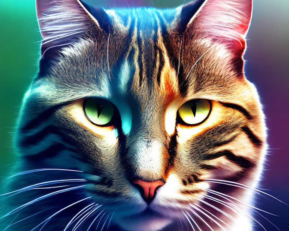 Colorful Digital Artwork: Cat with Yellow Eyes and Tabby Markings