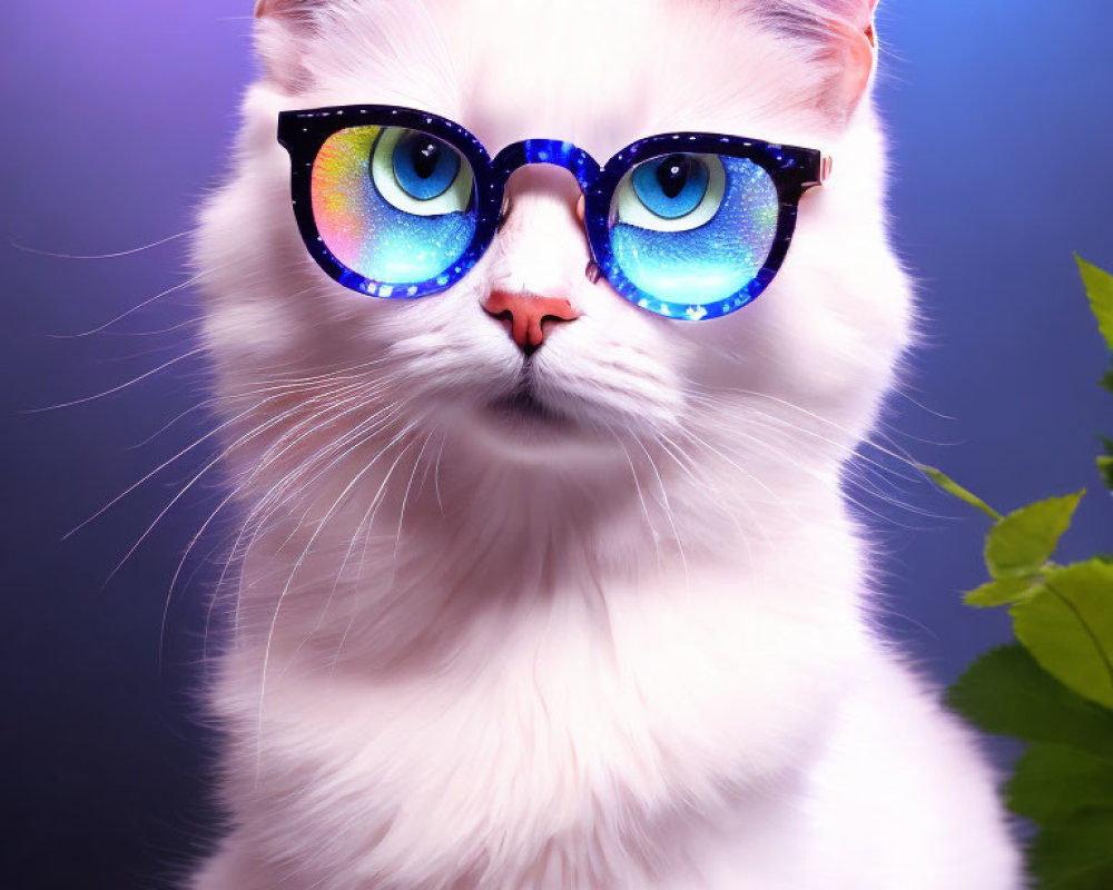 White Cat with Blue Eyes and Glasses on Blue-Purple Background