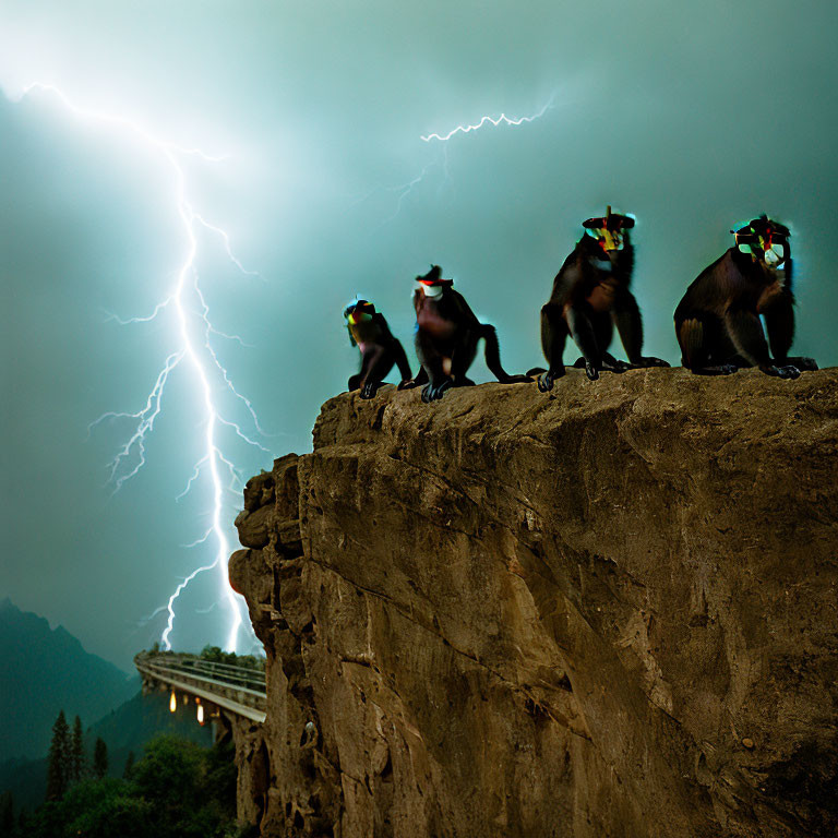 Three baboons on cliff with lightning bolt at night, bridge in distance