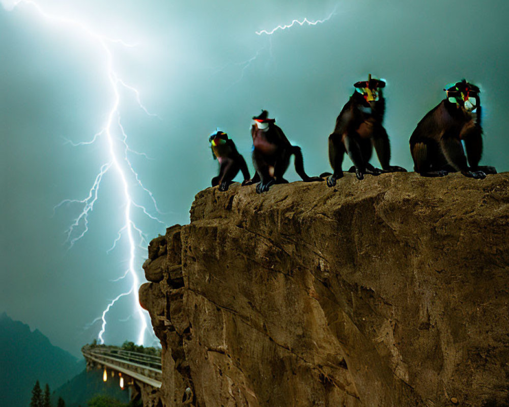 Three baboons on cliff with lightning bolt at night, bridge in distance
