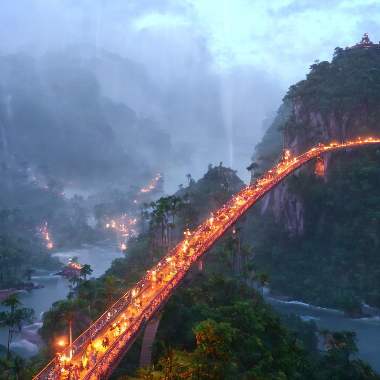 Illuminated bridge in misty tropical forest at dusk