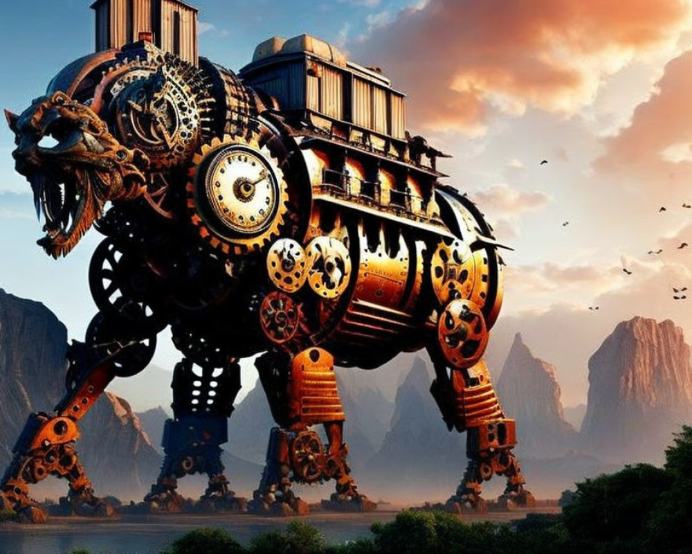 Steampunk-style mechanical dragon in majestic natural landscape at sunset