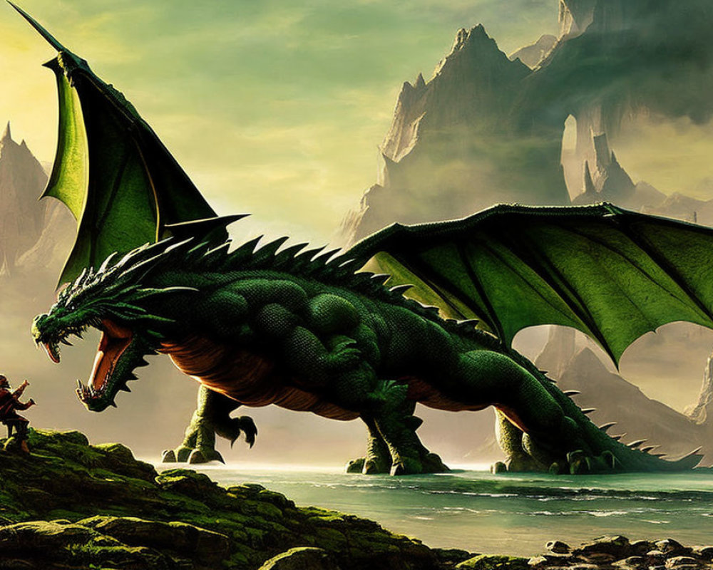 Person confronting large green dragon on rocky terrain with misty mountains.