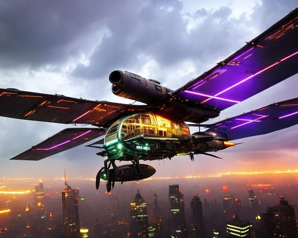 Futuristic aircraft with expansive wings and glowing neon edges flying over a dusky cityscape