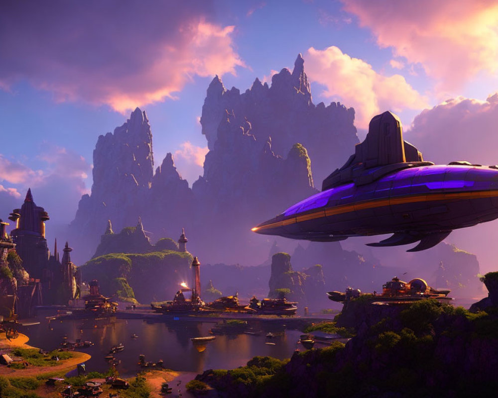 Fantastical sunset landscape with towering cliffs, glowing cityscape, and futuristic ships.