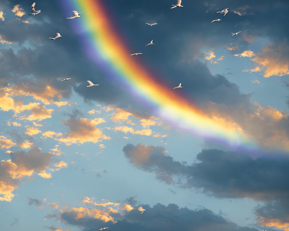 Colorful rainbow over stormy sky with flying birds