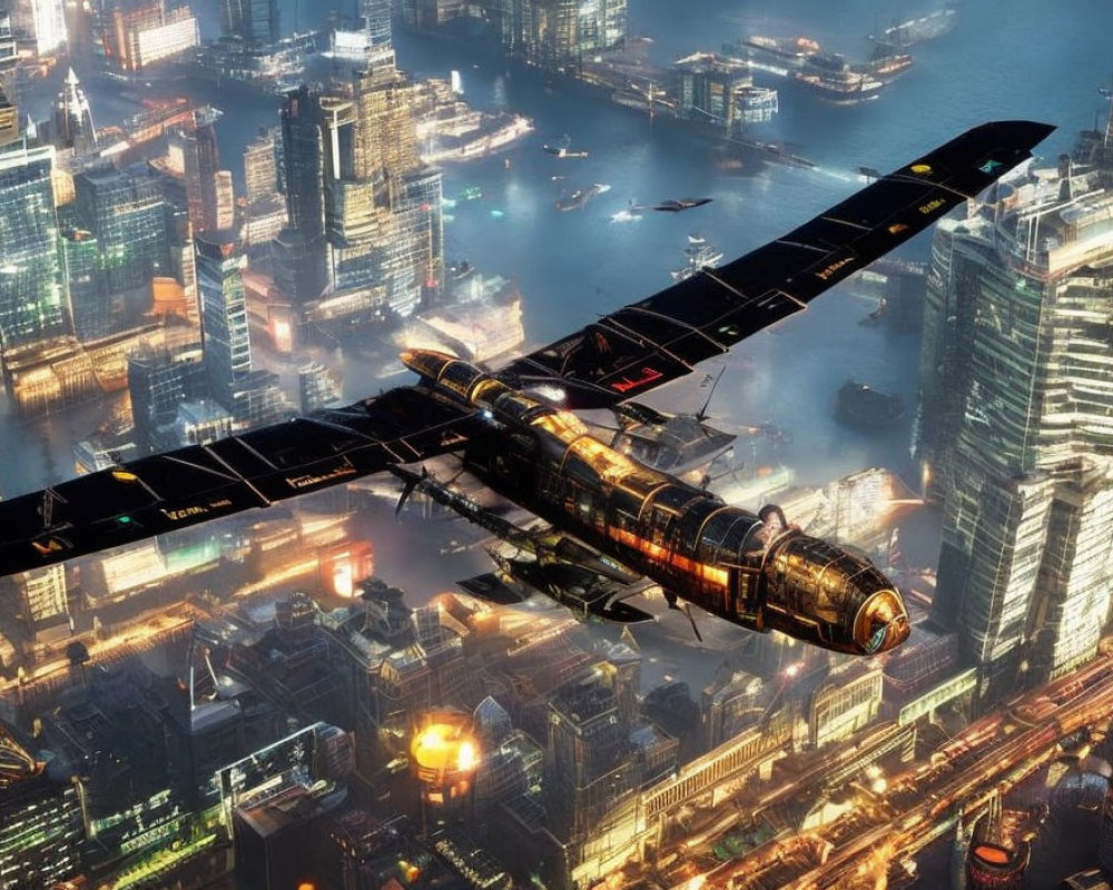 Solar-powered airplane flying over futuristic cityscape at sunset