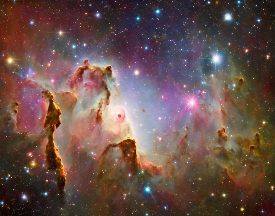 Colorful Cosmic Scene with Pink, Red, and Gold Nebulous Clouds