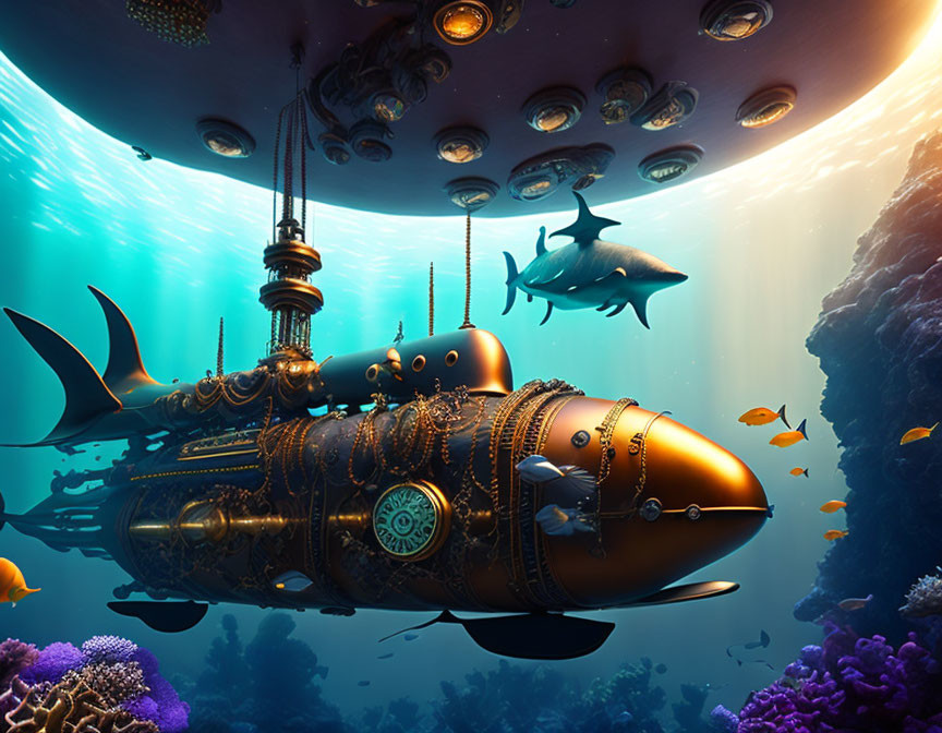 Steampunk submarine and the shark of many fins