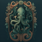 Ornate Art Nouveau octopus design with swirling tentacles in floral frame