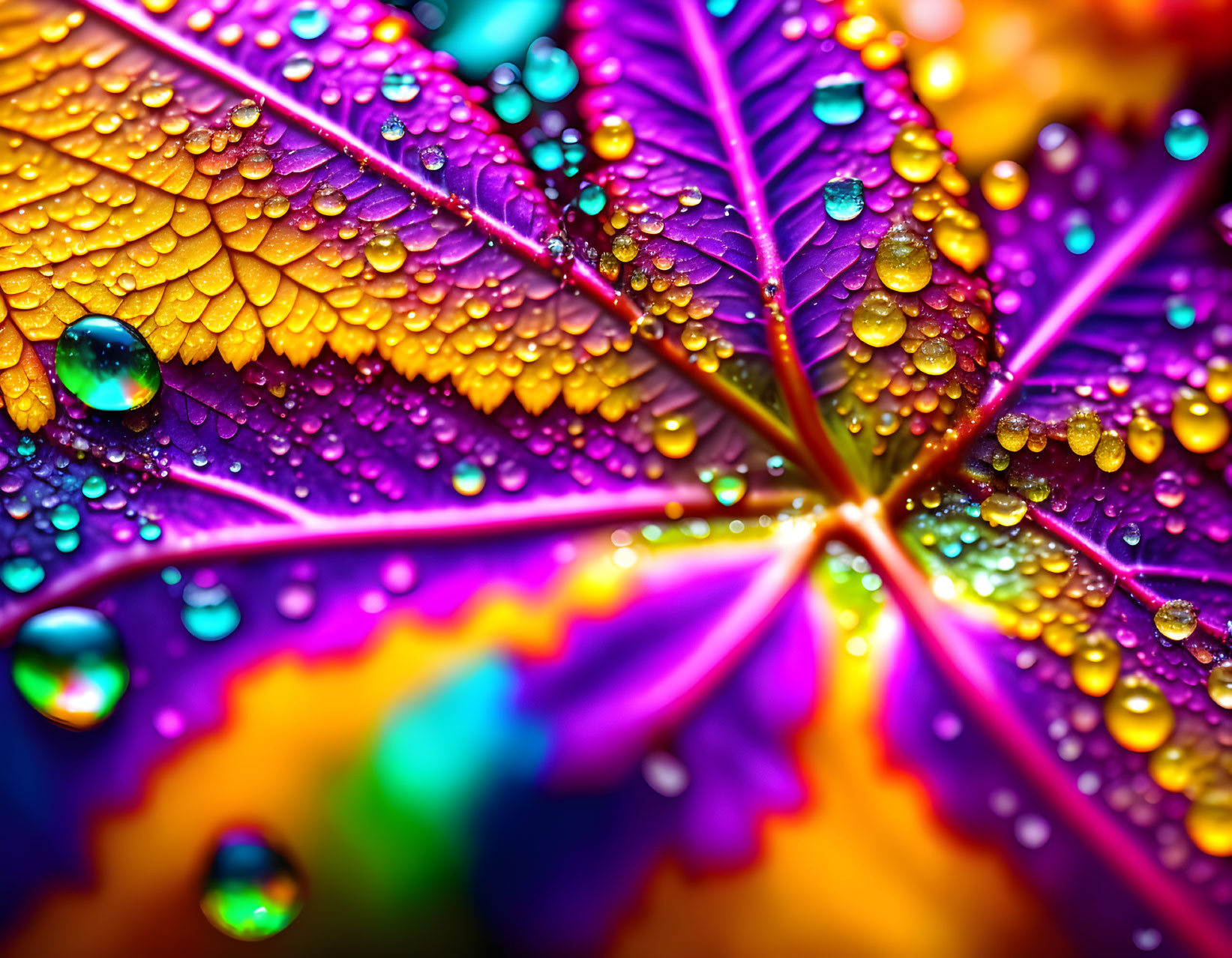 Colorful leaf with glistening water droplets under bright light