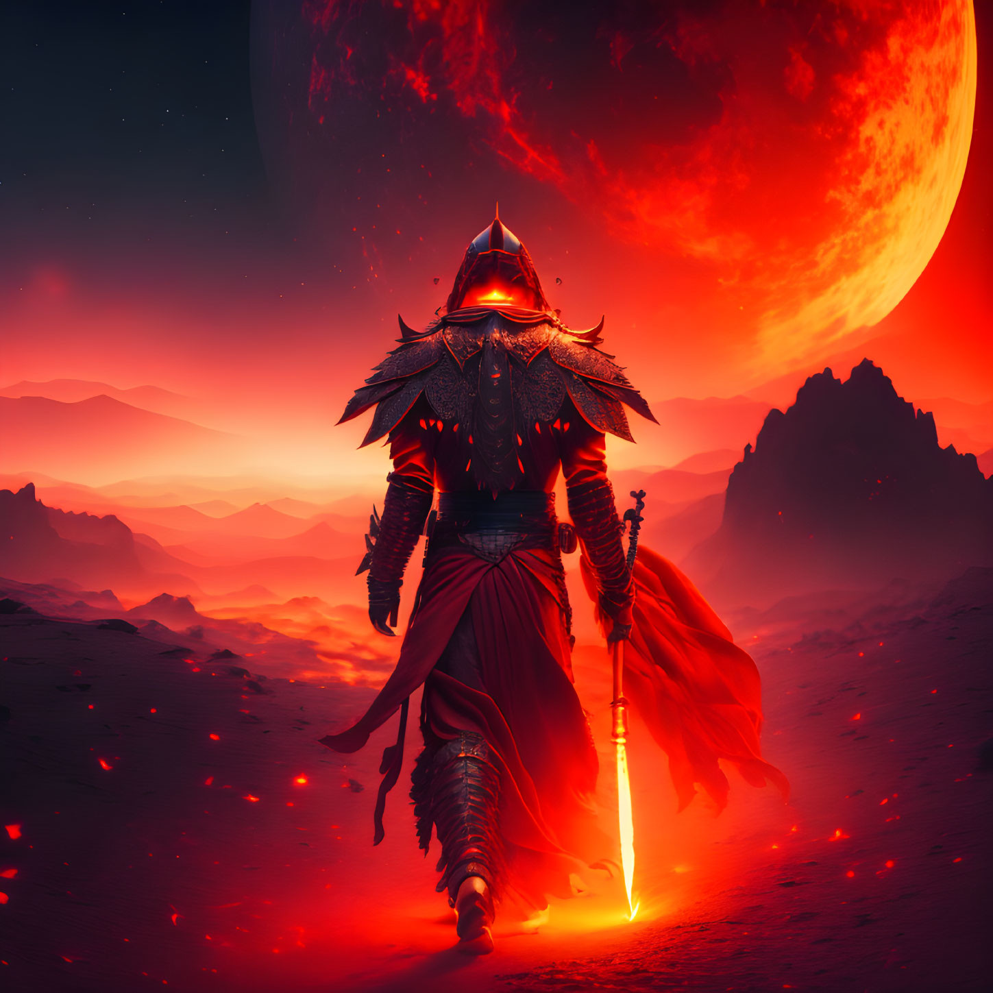 Ornate armored warrior with glowing sword on red alien landscape