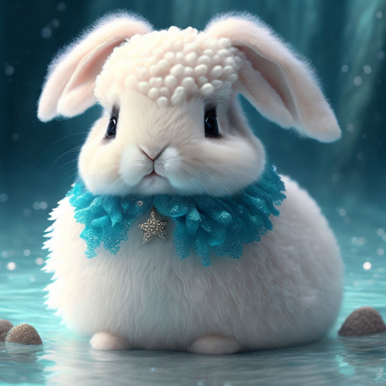 Fluffy white rabbit with large eyes and turquoise collar