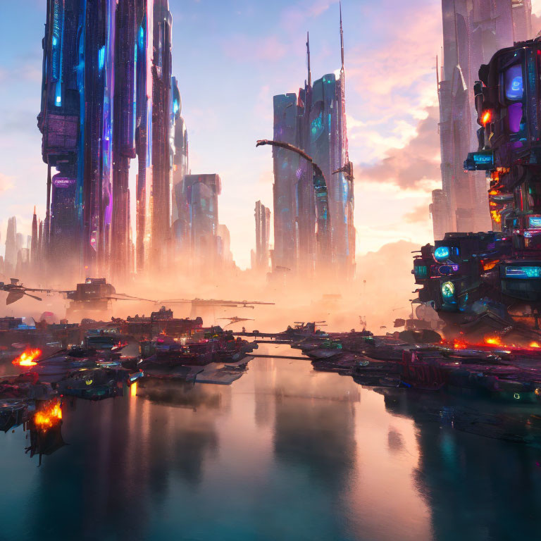 Futuristic cityscape at dawn: skyscrapers, water reflections, flying vehicles