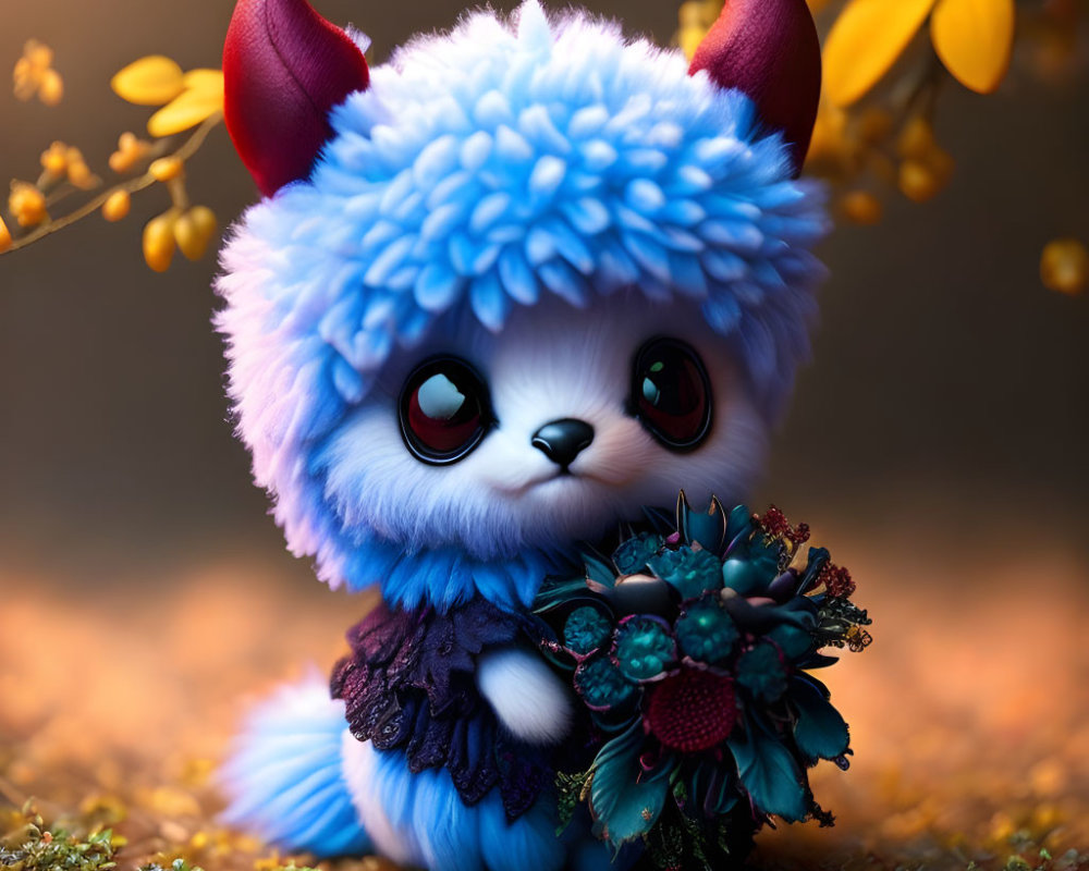 Blue Fluffy Creature with Red Horns Holding Bouquet in Autumn Setting