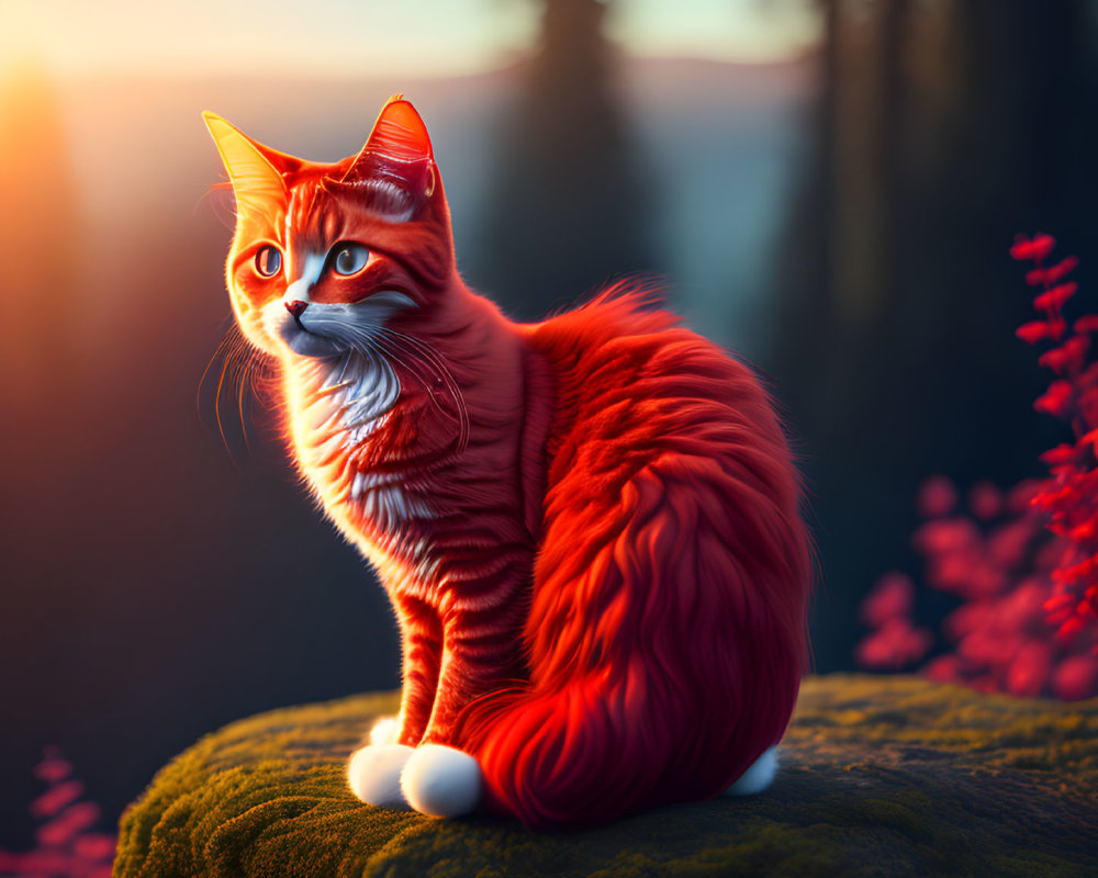 Orange Cat with White Paws on Mossy Rock in Forest Sunset
