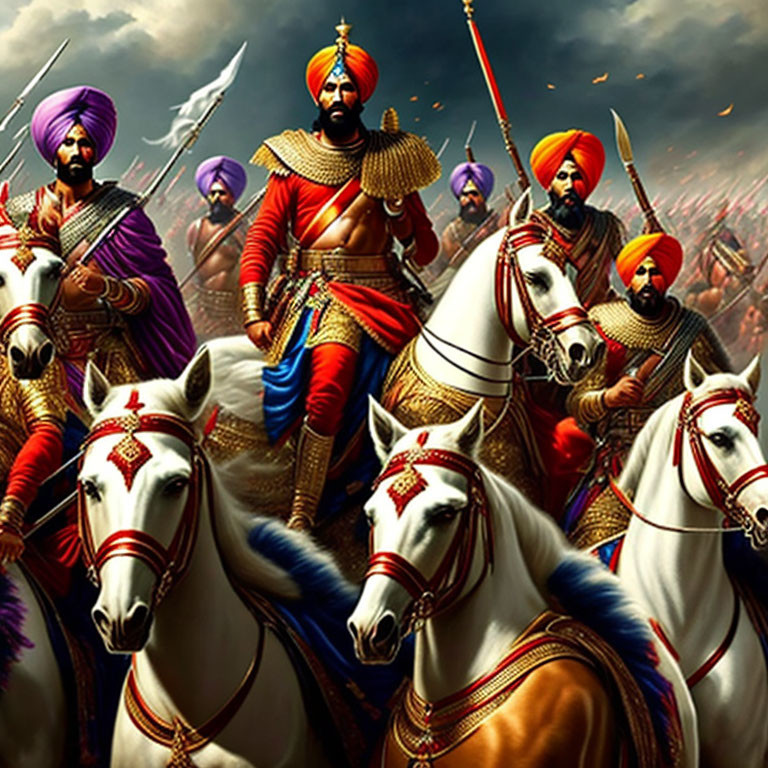 Sikh warriors on horseback with spears under stormy sky
