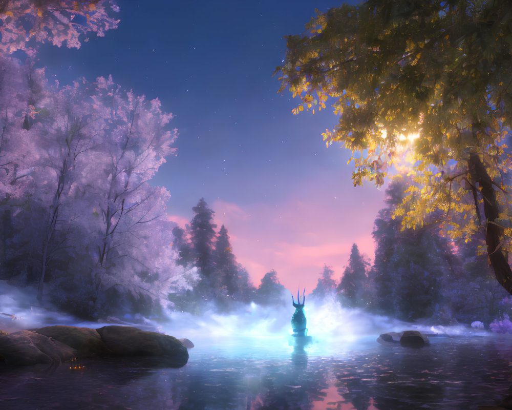Mystical figure with antlers in glowing blue lake at twilight