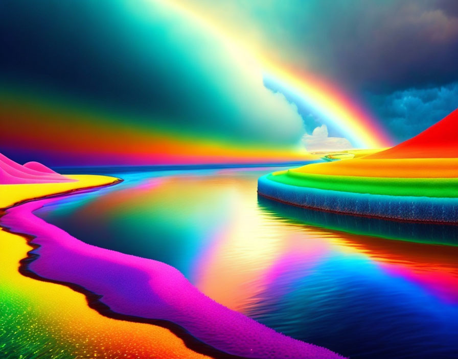 Colorful Rainbow Landscape with Glossy Terrains and Serene Water