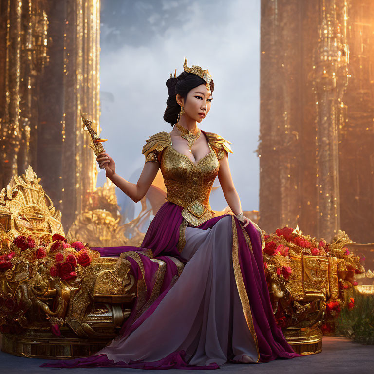 Regal woman on golden throne with crown and scepter among red flowers