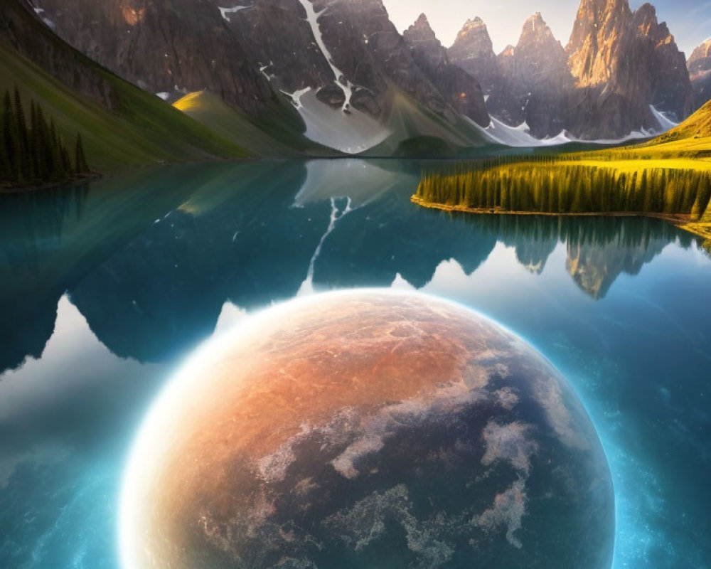 Surreal composite image of mountain landscape with giant planet reflected in lake