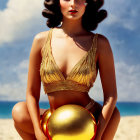 Golden bikini woman holds sphere against beach backdrop