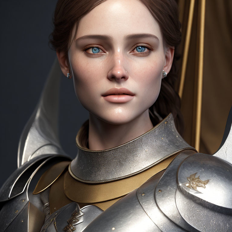 Portrait of Woman in Blue-Eyed Silver Medieval Armor