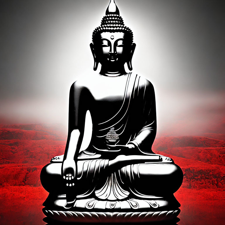 Monochrome Buddha statue in meditation with red and black background
