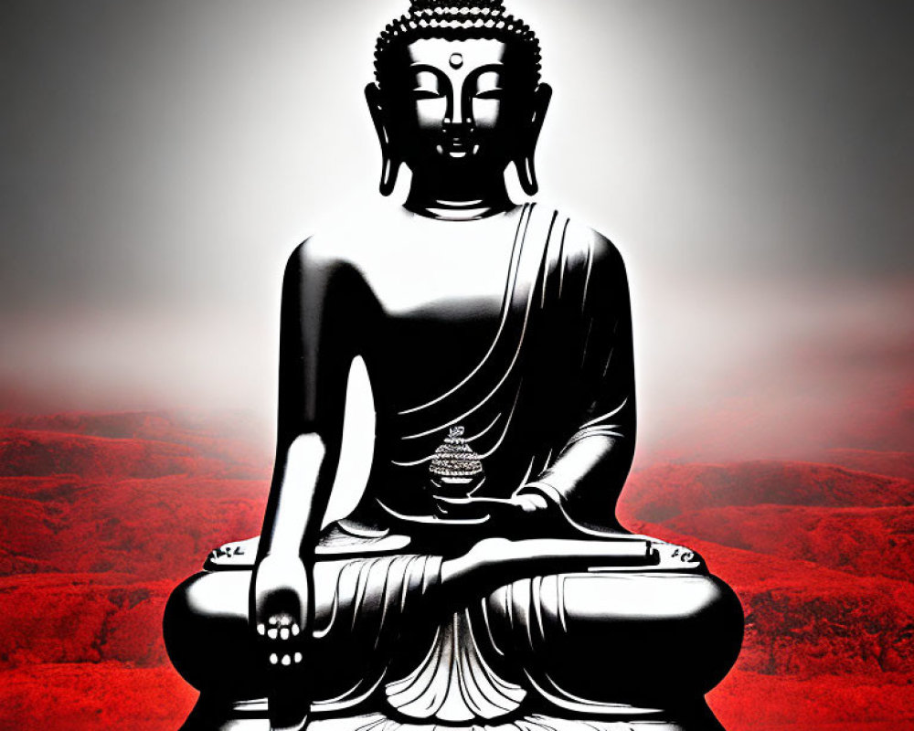 Monochrome Buddha statue in meditation with red and black background