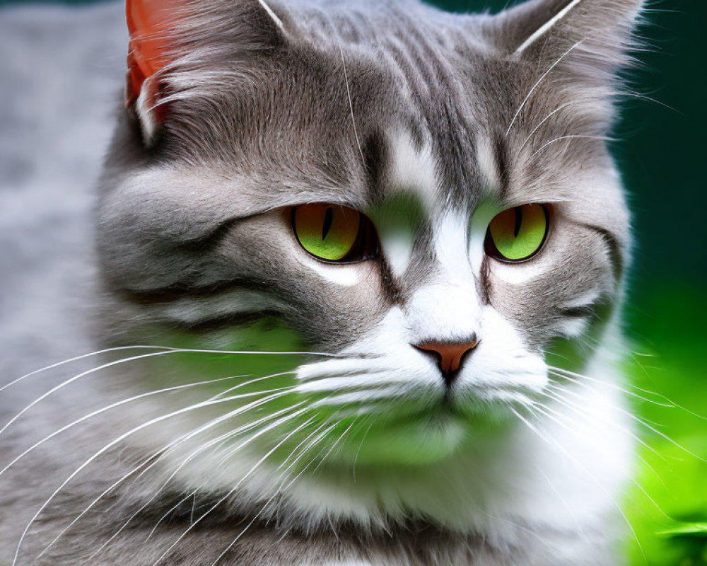 Gray Cat with Striking Green Eyes Surrounded by Green Leaves