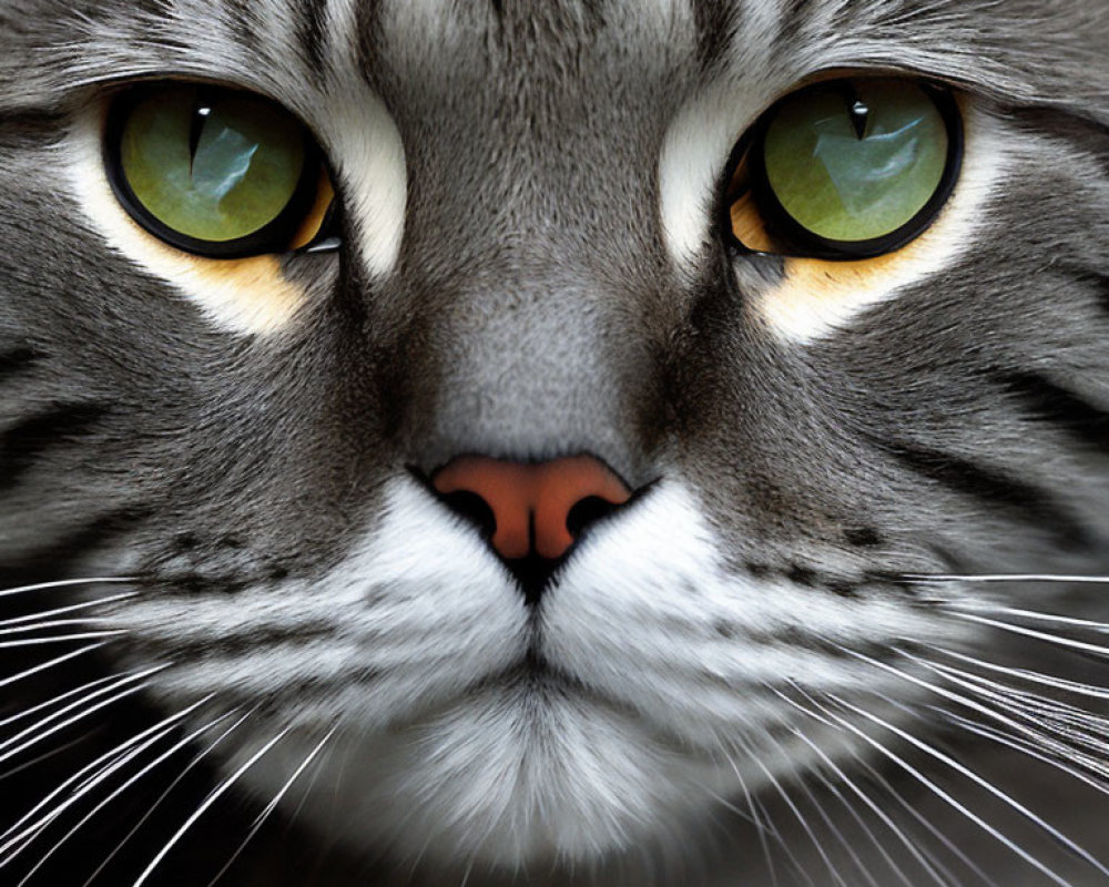 Grey Tabby Cat with Green Eyes and Pink Nose Close-Up