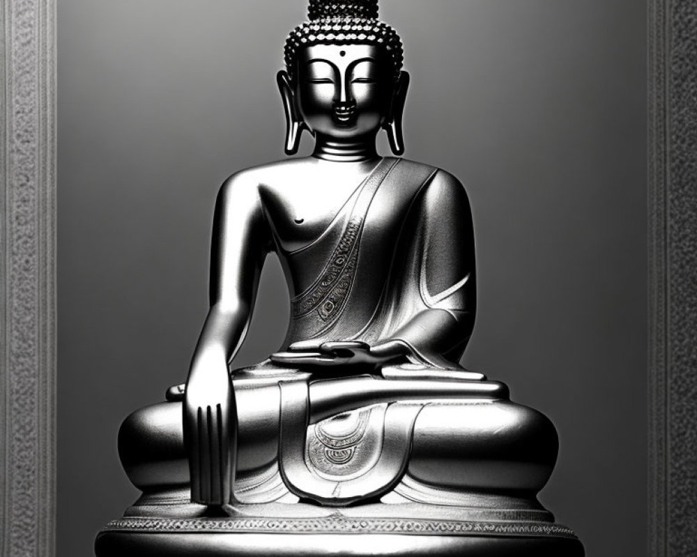Monochrome Buddha statue in meditative posture on neutral background