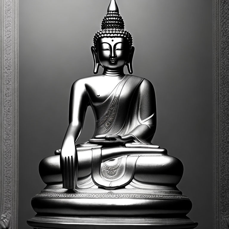 Monochrome Buddha statue in meditative posture on neutral background