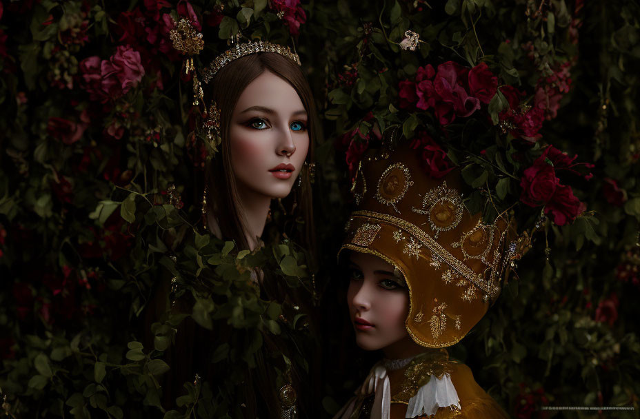 Medieval-themed portrait with two individuals in royal attire amid green foliage and red roses